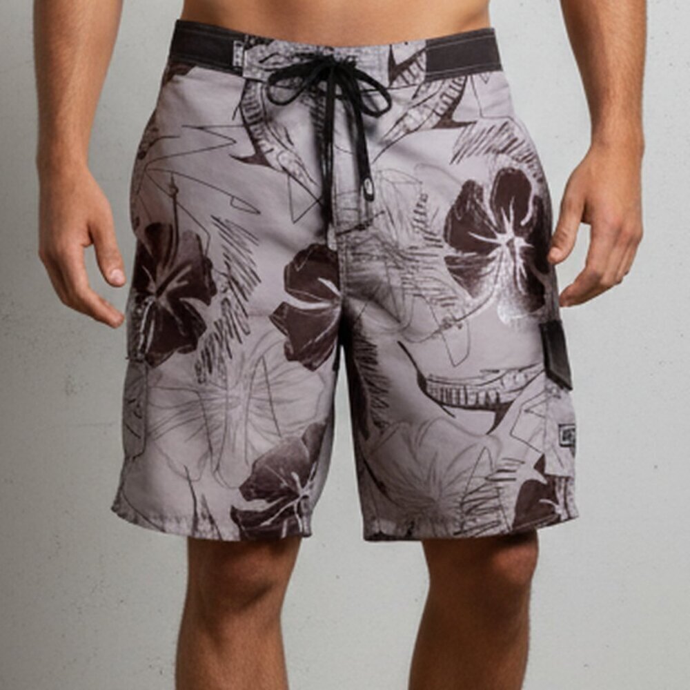 AFTCO Men’s Board Shorts Size Large Gray Black Hibiscus Fish Print Swim Trunks